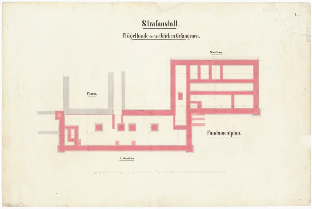 Kantonale Strafanstalt Oetenbach: Um- und Ausbau; Frauenabteilung, Küchenbau, Saalbau und Turmbau, Fundament; Grundrisse