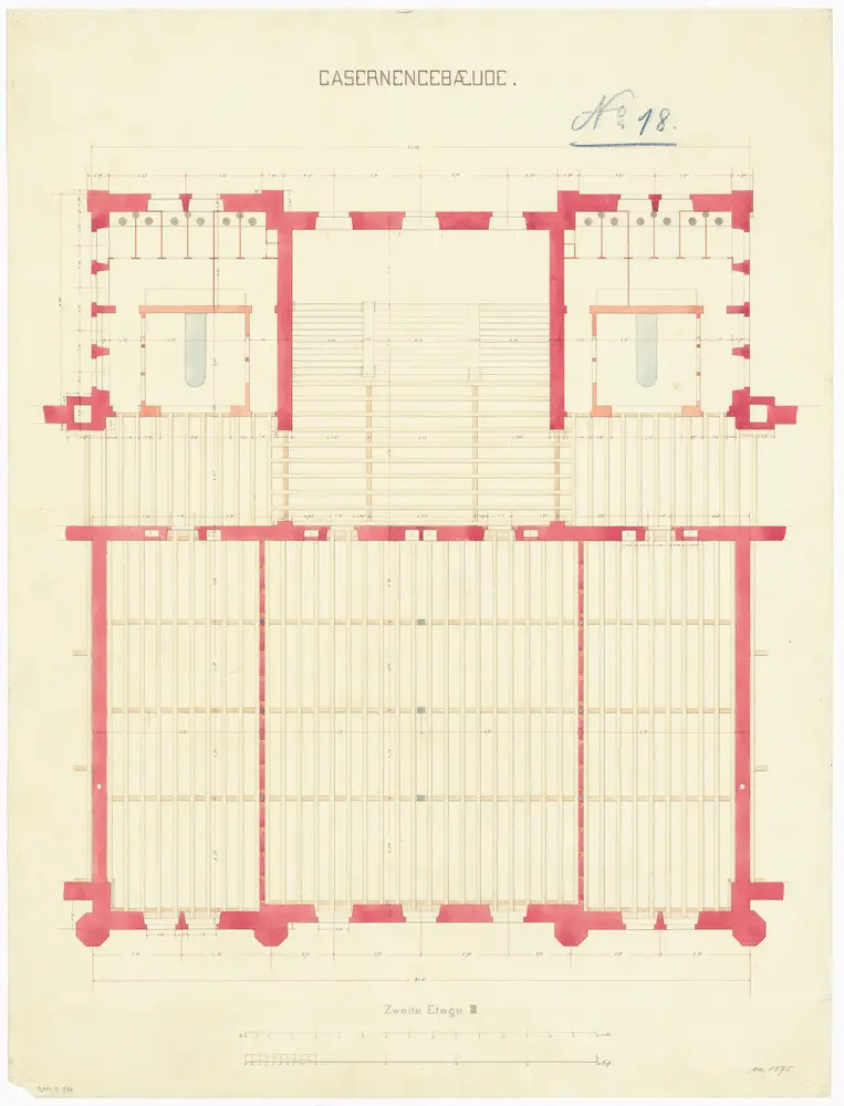 Projektierte Kaserne: Mittelbau, 2. Stock; Grundriss