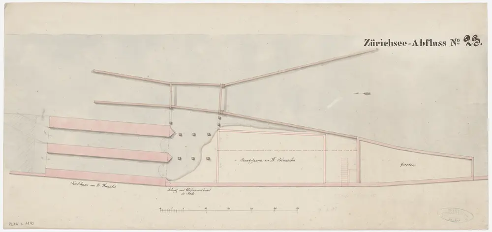 Zürich: Beim Brunnenwerk in der Schipfe am linken Limmatufer, Bauprojekt von Herrn Bluntschli; Grundriss (Zürichsee-Abfluss Nr. 23)