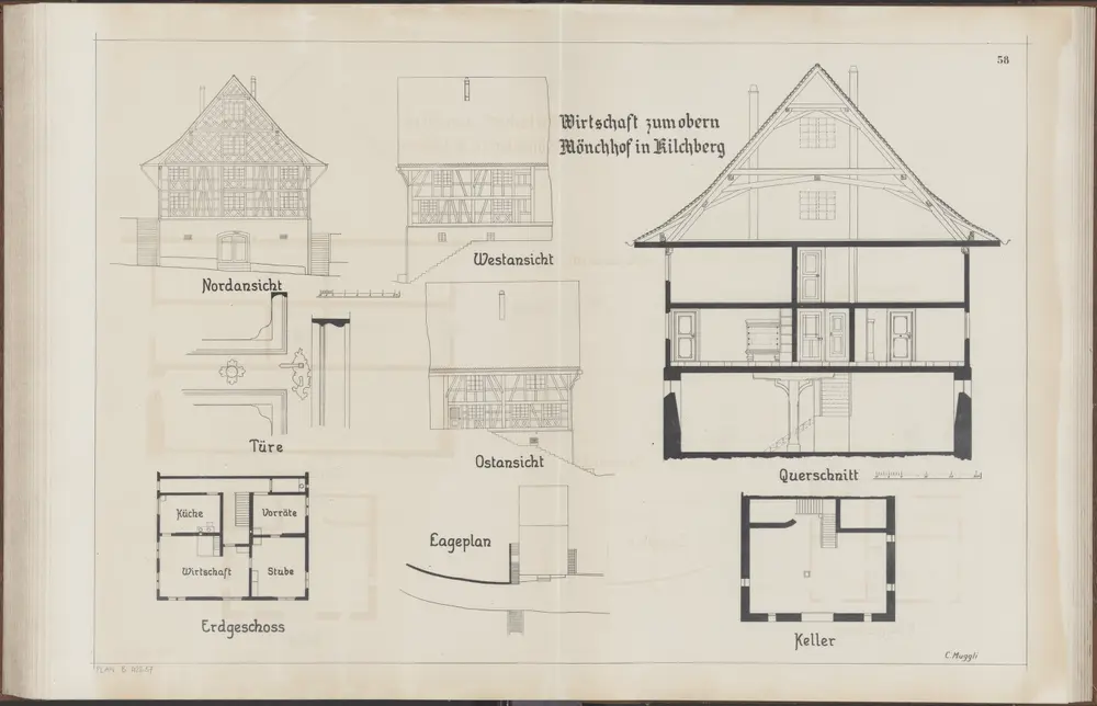 Das Bauernhaus im Kanton Zürich: Kilchberg: Wirtschaft zum oberen Mönchhof; Ansichten, Grundrisse und Querschnitt (Nr. 58)