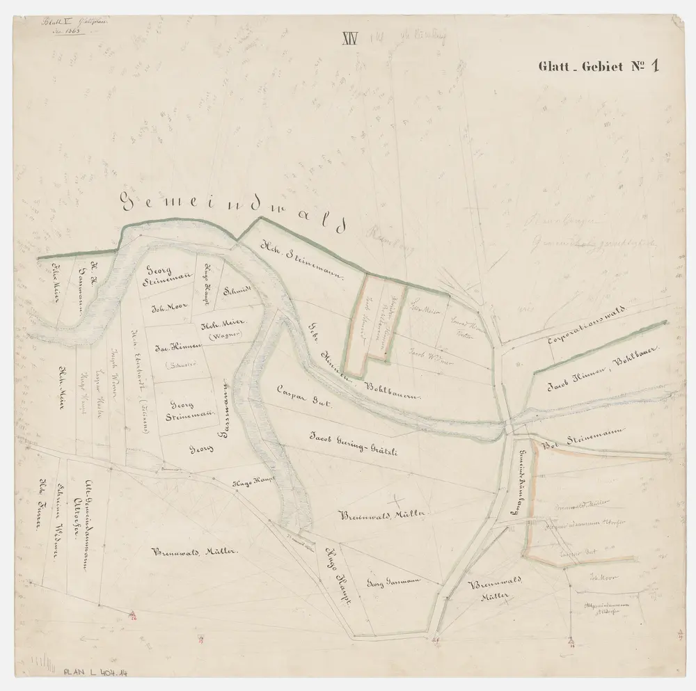 Opfikon bis Oberglatt: Grundeigentümer entlang der Glatt; Grundrisse (Glatt-Gebiet Nr. 1): Blatt XIV: Rümlang beim Gemeindewald; Grundriss (Glatt-Gebiet Nr. 1)