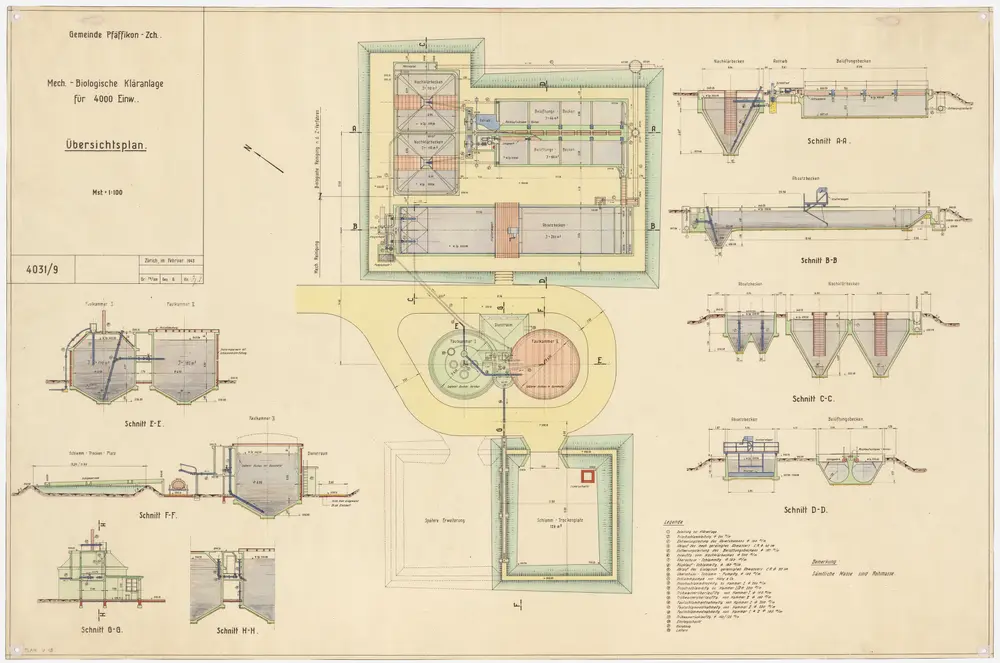 Pfäffikon: Mechanisch-biologische Abwasserreinigungsanlage; Grundriss und Querschnitte