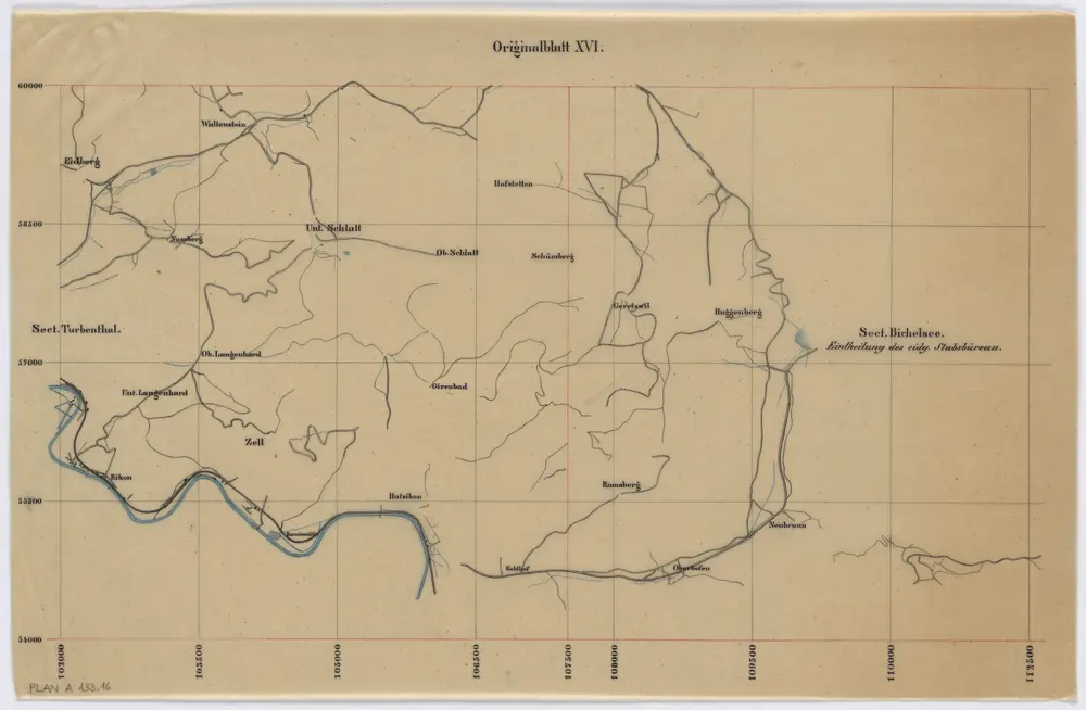 Vorlagen für die Topographische Karte des Kantons Zürich (Wild-Karte): Pausen mit Gewässern, Eisenbahn, Strassen: Originalblatt XVI: Sektion Bichelsee, Sektion Turbenthal