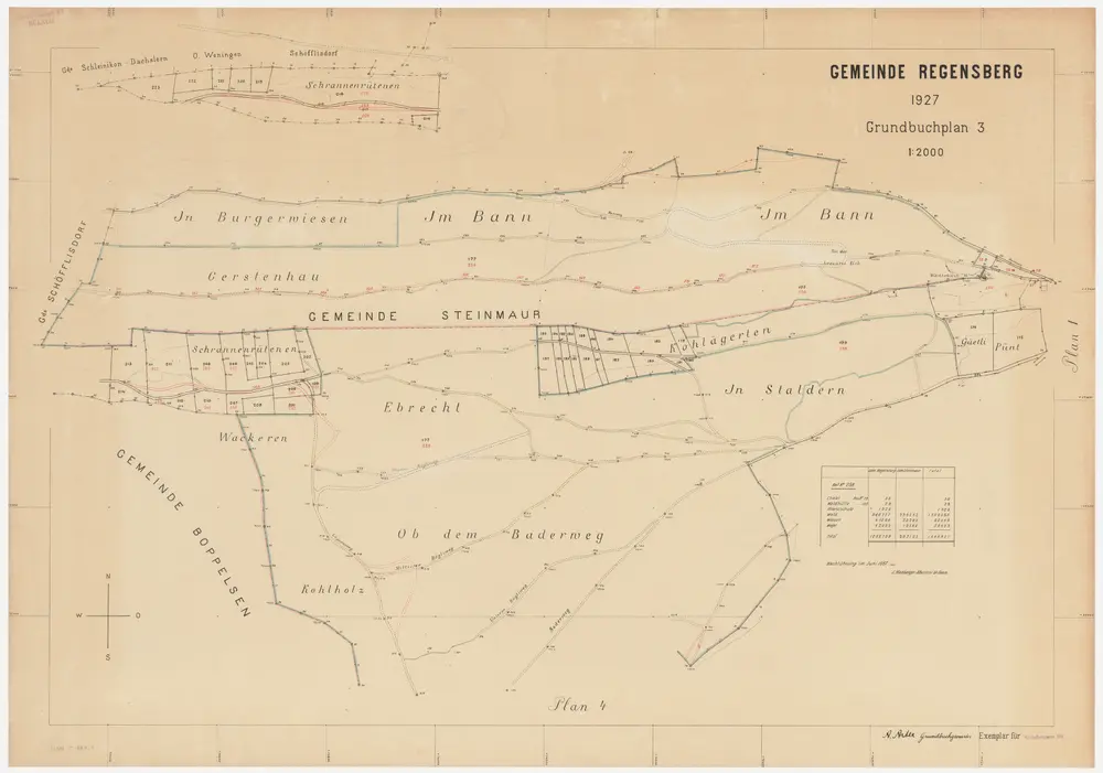 Regensberg, Steinmaur: Waldungen: Regensberg, Steinmaur: Waldungen Burgerwisen (Burgerwiesen), Baa (Bann), Gerstenhau, Schranenrütenen (Schrannenrütenen), Wakeren (Wackern), Ebrecht, Cholägerten (Kohlägerten), Wächterhölzli, Güetli, Pünt, Stalderen (Staldern), Cholholz (Kohlholz), Ob dem Baderweg; Grundriss