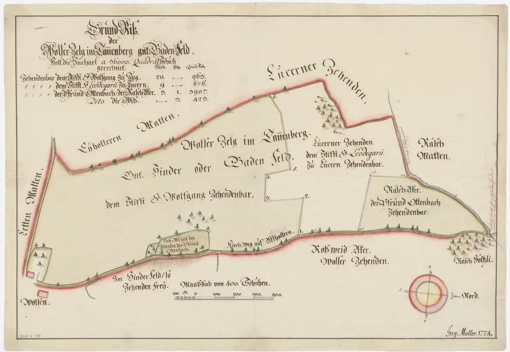 Obfelden: Baderfeld genannte Wolsener Zelg im Tannenberg, zehntenpflichtig dem Stift St. Wolfgang in Zug, der Pfrund Ottenbach und dem Stift St. Leodegar in Luzern; Grundriss