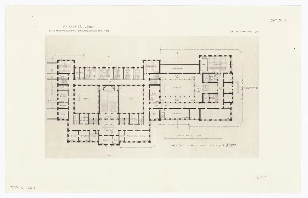 Universität Zürich, projektiertes Kollegienhaus und projektiertes Zoologisches Institut: 1. Stock des Westbaus, 2. Stock des Mittelbaus; Grundriss (Nr. 4)