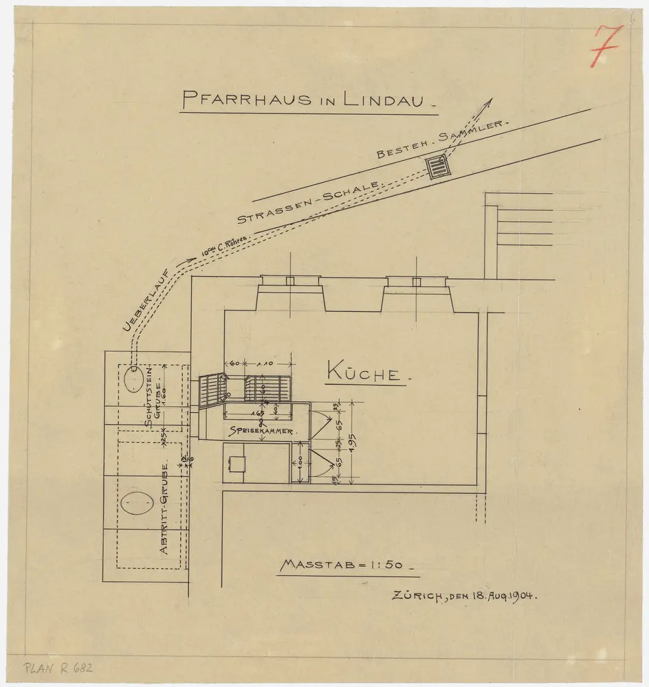 Lindau: Pfarrhaus, Küche mit Abwasserkanal; Grundriss (Nr. 7)