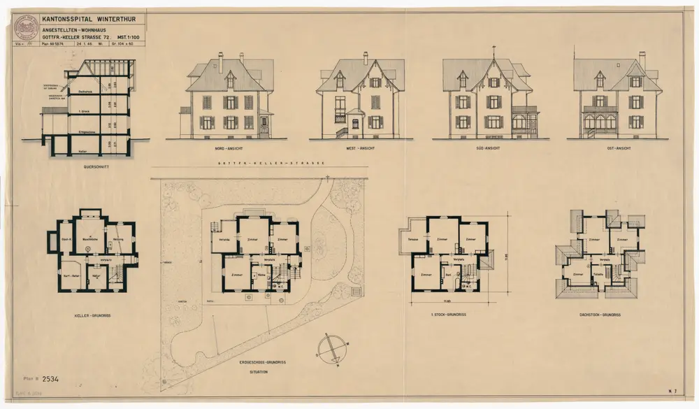 Winterthur: Kantonsspital, Angestellten-Wohnhaus, Gottfried-Keller-Strasse 72; Grundrisse, Ansichten und Querschnitt (Nr. 5874)