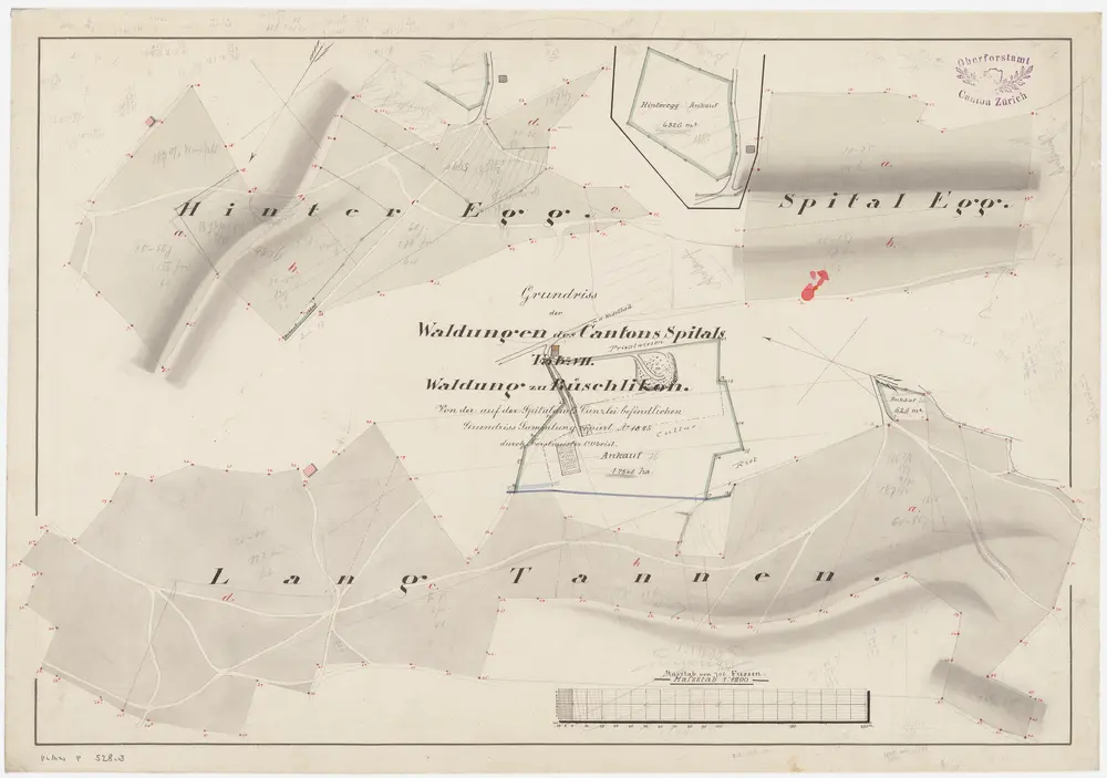 Rüschlikon: Gemeindewaldung, Kantonsspitalwaldung, Waldung der Stadt Zürich: Kantonsspitalwaldungen Hinteregg, Spittelegg (Spitalegg), Langentannen; Grundrisse (Tab. VII)