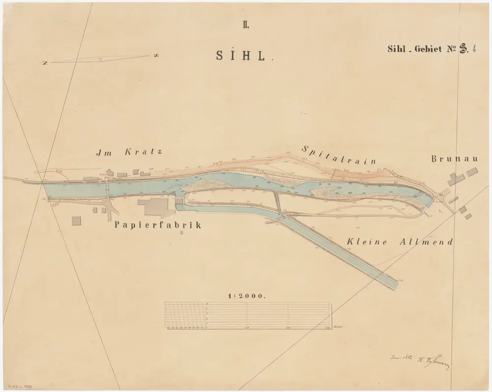 Enge, Wiedikon: Sihl von oberhalb der eisernen Brücke bei der Brunau bis unterhalb der eisernen Brücke bei der Papierfabrik Wiedikon; Situationsplan (Sihl-Gebiet Nr. 3 b)