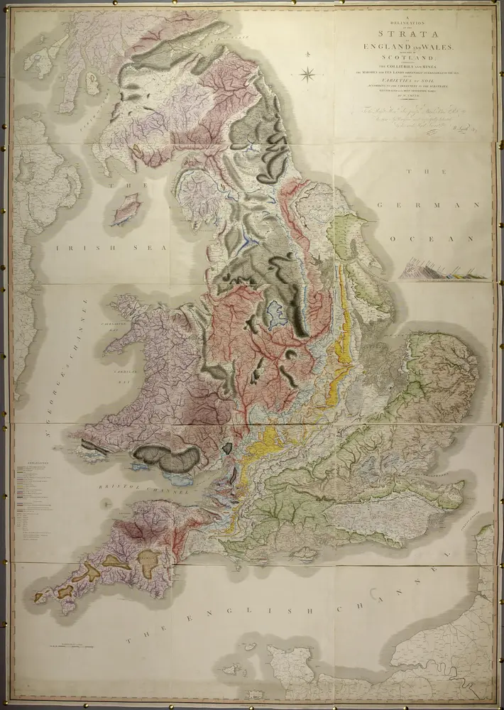 A delineation of the Strata of England and Wales, with part of Scotland; exhibiting the Collieries and Mines, the Marshes and Fen Lands originally overflowed by the sea, and the varieties of Soil ... By W. Smith. (Geological Table of British Organized Fossils.--Memoir. pp. 51.) British statute miles, 30[ = 155 mm]