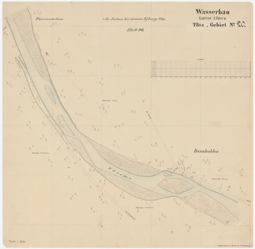 Kyburg, Töss, Winterthur: Von unterhalb der oberen Au bis zur mittleren Au, Tösskorrektion; Situationsplan (Töss-Gebiet Nr. 20, Blatt 10)