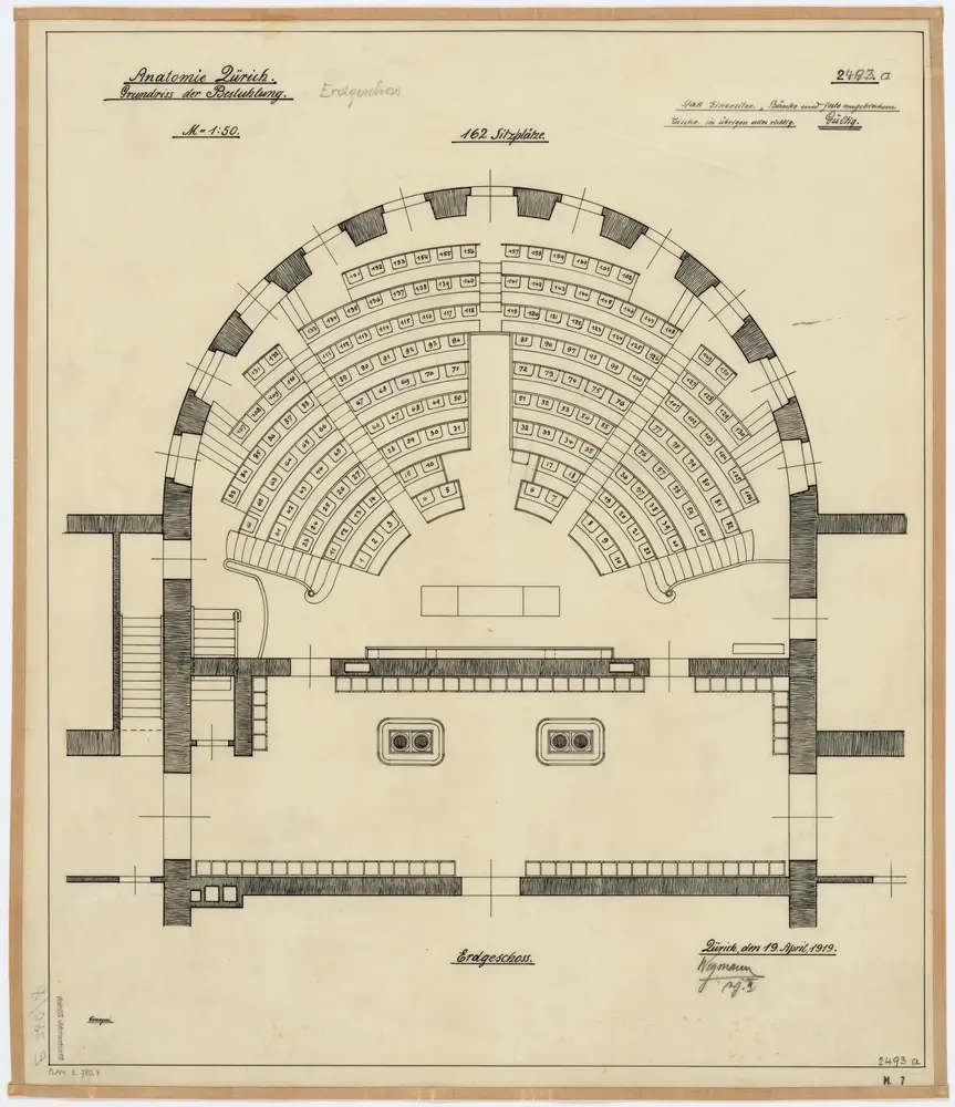Zürich: Universität, Erweiterung der Anatomie-Abteilung und Umbau des Anatomie-Hörsaals: Umbau des Anatomie-Hörsaals, Bestuhlung, Erdgeschoss; Grundriss