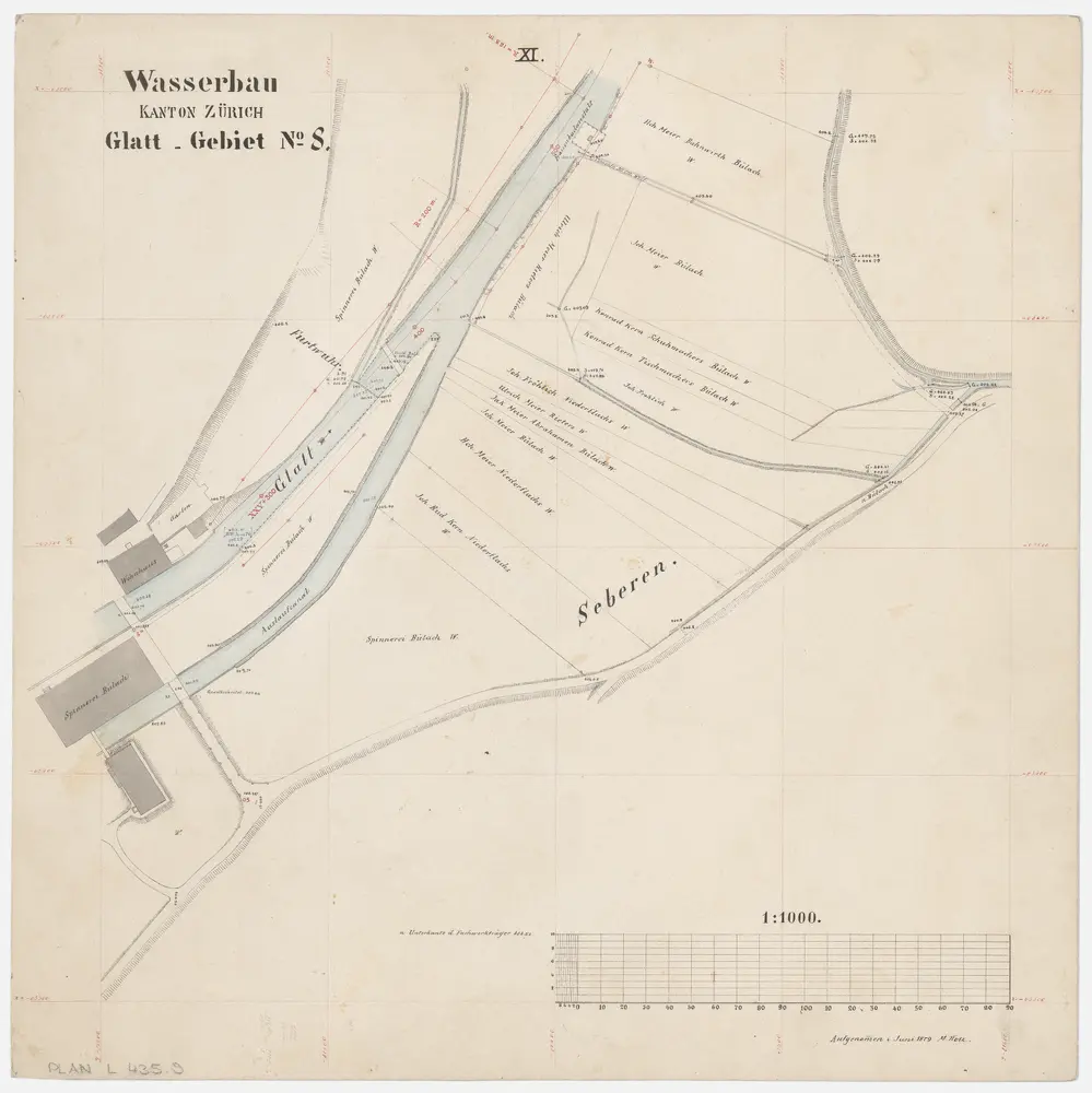 Rümlang bis Bülach: Glatt von der Mühle in Rümlang bis zum Zieglenwehr in Bülach; Grundrisse (Glatt-Gebiet Nr. 8): Blatt XI: Glatt bei der Spinnerei und der Frauenbadeanstalt in Bülach; Grundriss (Glatt-Gebiet Nr. 8)