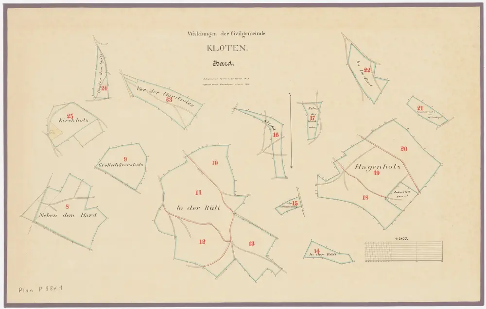 Kloten: Zivilgemeindewaldungen: Hard mit Hagenholz, Dorfnäst (Dorfnest), Staudenhölzli, Grossschärersholz, Näbethard (Neben dem Hard), Rüti, Hardwis (Hardwies), Spitz, Kirchholz, Studenhölzli (Staudenhölzli), Brinersholz, Molenchopf (Molenkopf oder Nöschikerholz), Stifel (Stiefel); Grundrisse