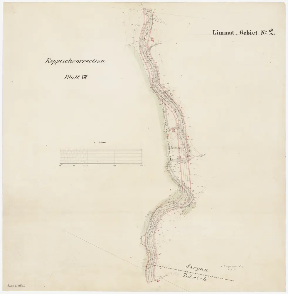 Birmensdorf bis Dietikon: Von oberhalb Landikon bis zur Einmündung in die Limmat, Reppischkorrektion: Blatt VII: Bergdietikon AG und Dietikon: Bei der Grenze zwischen den Kantonen Zürich und Aargau; Situationsplan (Limmat-Gebiet Nr. 2)