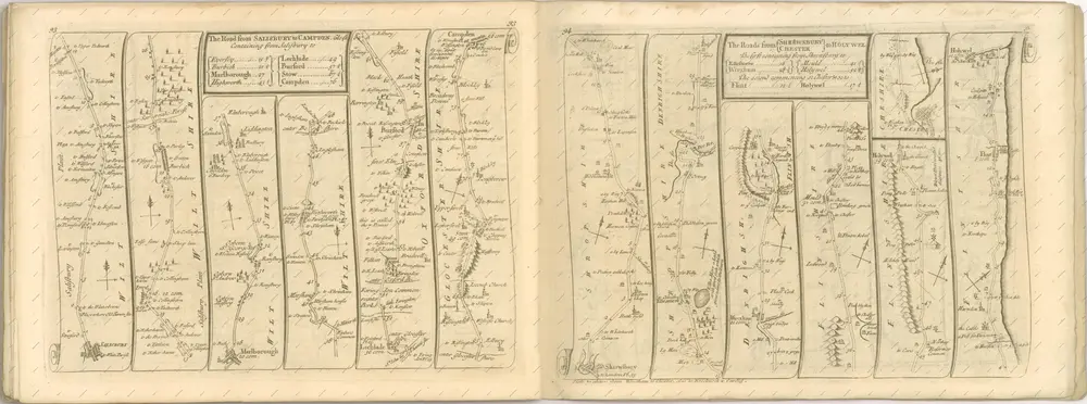 mapa z atlasu "The Roads through England delineated or, Ogilby ́s Survey, Revised, Improved, and Reduced to a Size portable for the Pocket By John Senex F, R, S. Being an Actual Survey of all the Principal Roads of England, And Wales, Distinctly laid down on one hundred "