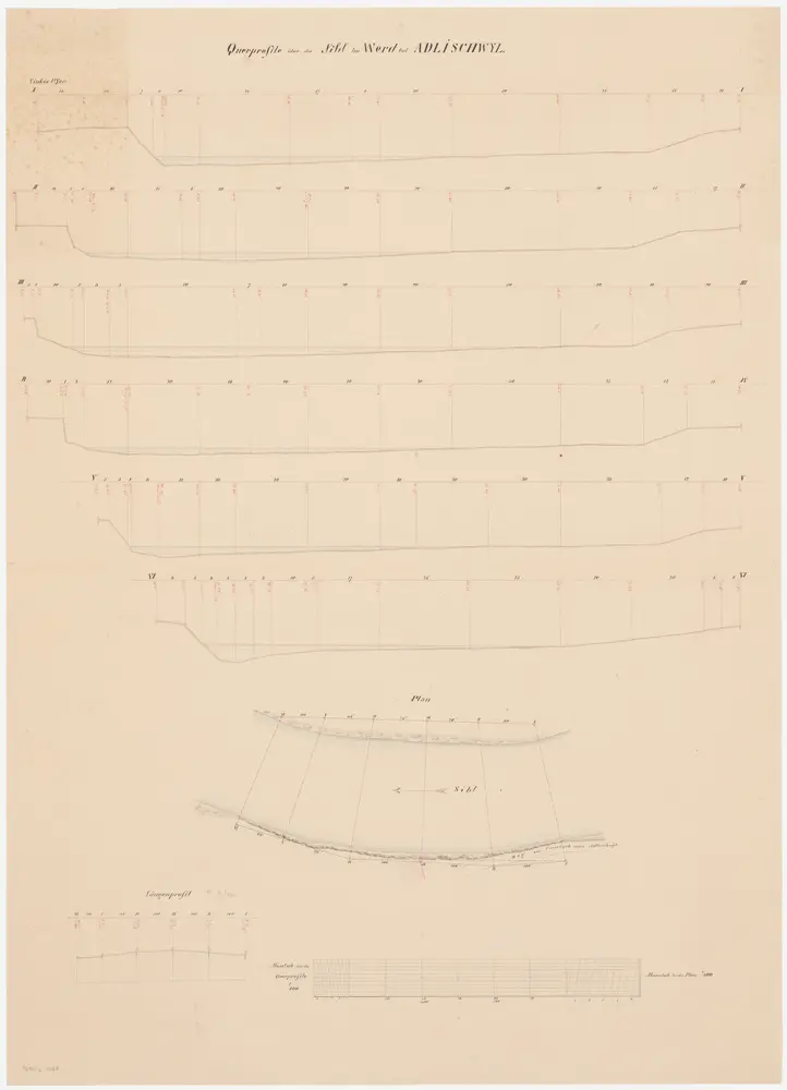 Adliswil: Sihl bei Werd; Querprofile, Situationsplan und Längsprofil
