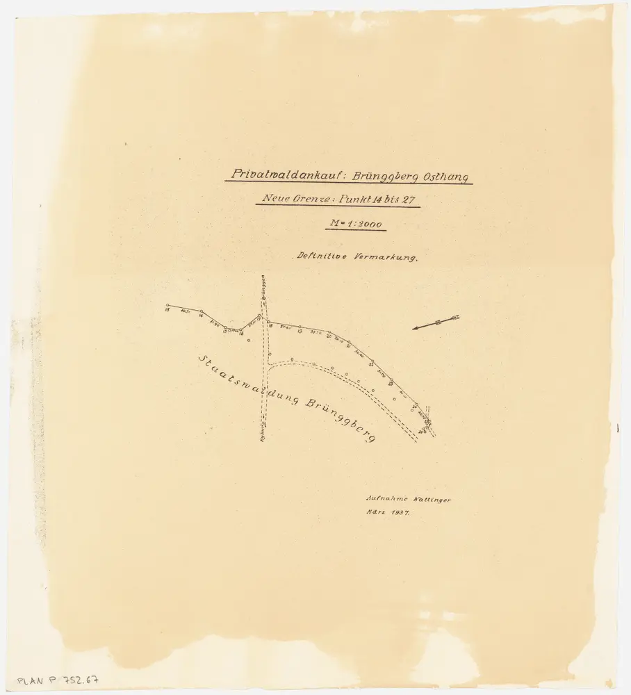 Kyburg, Töss, Illnau-Effretikon (damals Illnau), Schlatt: Staatswaldung: Kyburg: Neue Grenze der Staatswaldung Brünggberg nach dem Ankauf von Privatwaldstücken; Grundriss