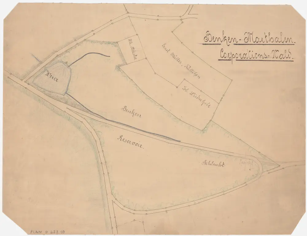 Benken: Gemeinde- und Genossenschaftswaldungen: Genossenschaftswaldung Benken-Marthalen mit Schluecht (Schlucht), Reservoir, Weiher; Grundriss