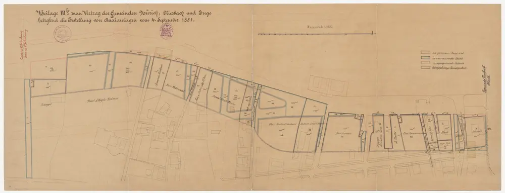 Riesbach: Rechtes Zürichseeufer, projektierte Seequaianlage, Katasterplan für Expropriationen und Beitragspflicht; Situationsplan (Zürichsee-Gebiet Nr. 8 b)