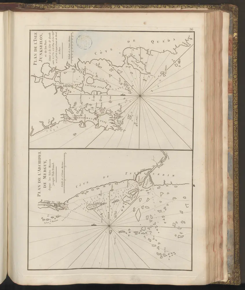 Plan de l'Archipel de Merguy, depuis les Isles Moscos jusqu'a l'Isle Domel. - Plan de l'Isle Junkseilon, et de fon Port. Situés à la Côte de Queda