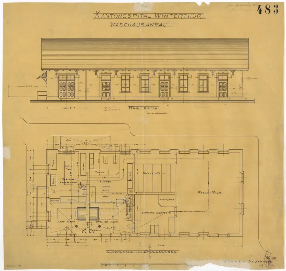 Winterthur: Kantonsspital, Waschhausanbau, Westfassade und Erdgeschoss; Ansicht und Grundriss (Nr. 483)