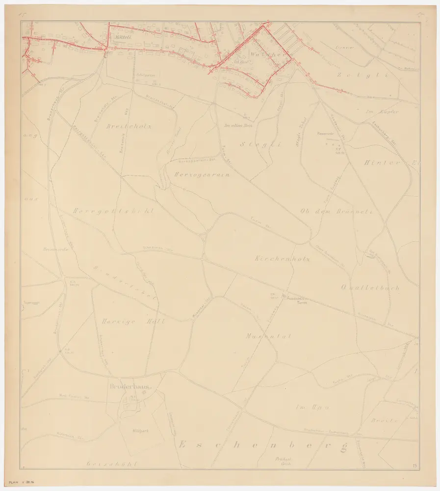 Winterthur: Gemeinde; Kanalisation: Blatt 15: Gegend bei Eschenberg, Breitiholz, Zelgli, Stegli, Herrgottsbüel, Chilenholz (Kirchenholz), Kwaletbach(Qualletbach), Bruderhaus, Im Hau und Geissbüel; Übersichtsplan