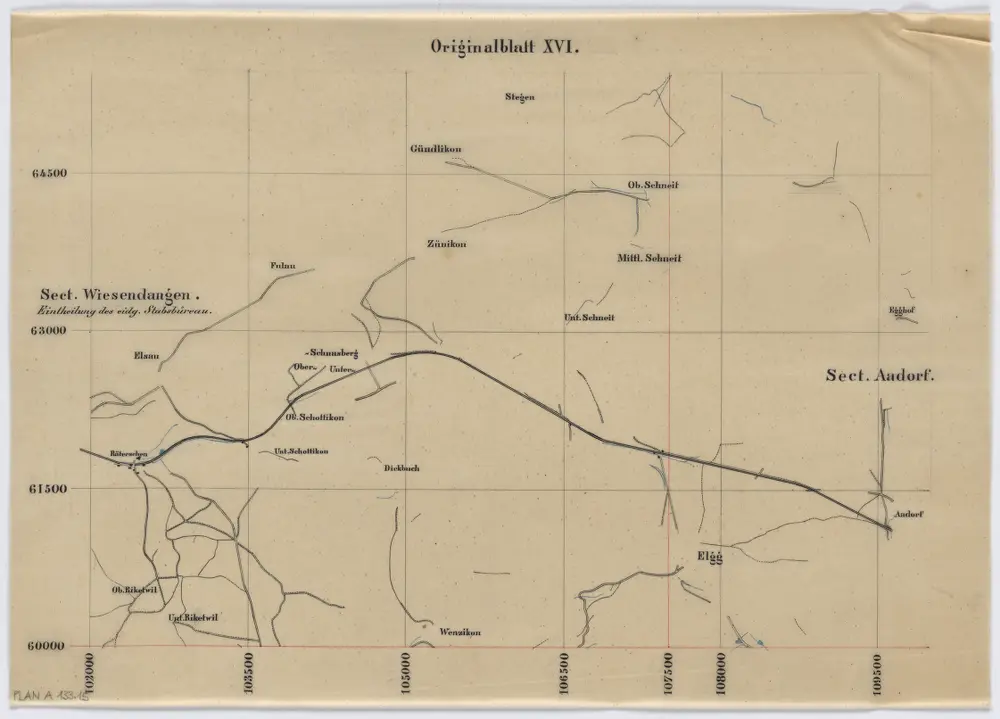 Vorlagen für die Topographische Karte des Kantons Zürich (Wild-Karte): Pausen mit Gewässern, Eisenbahn, Strassen: Originalblatt XVI: Sektion Aadorf, Sektion Wiesendangen