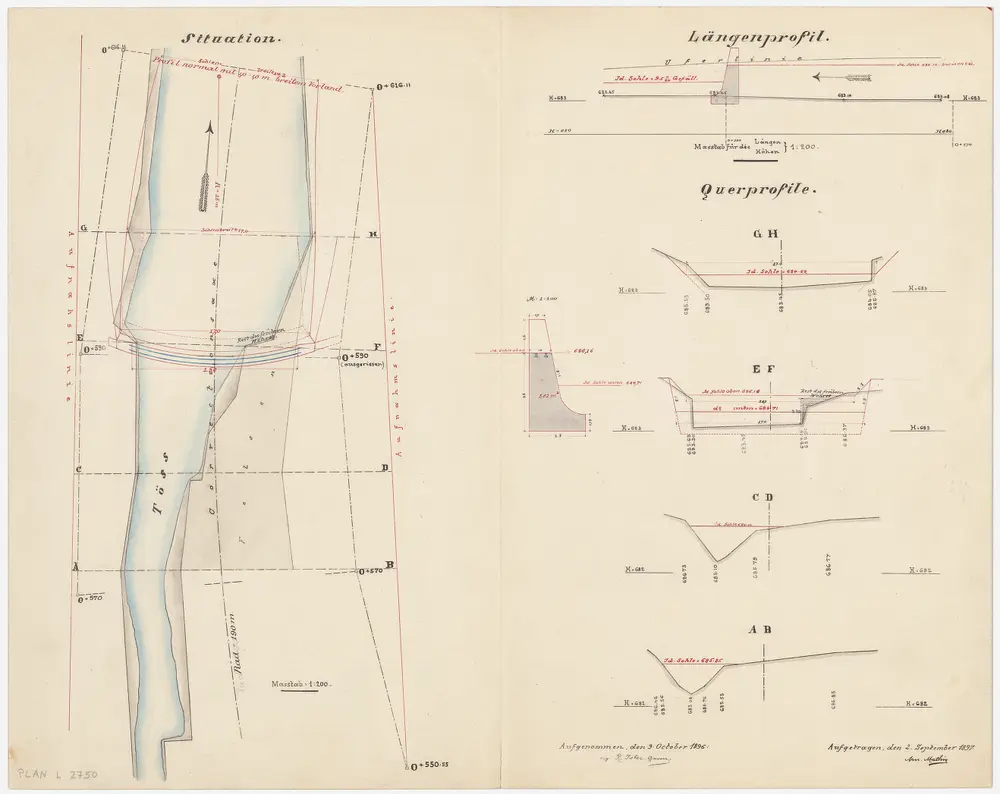 Fischenthal: Äsch, Töss beim Überfallwehr; Situationsplan, Längsprofil und Querprofile