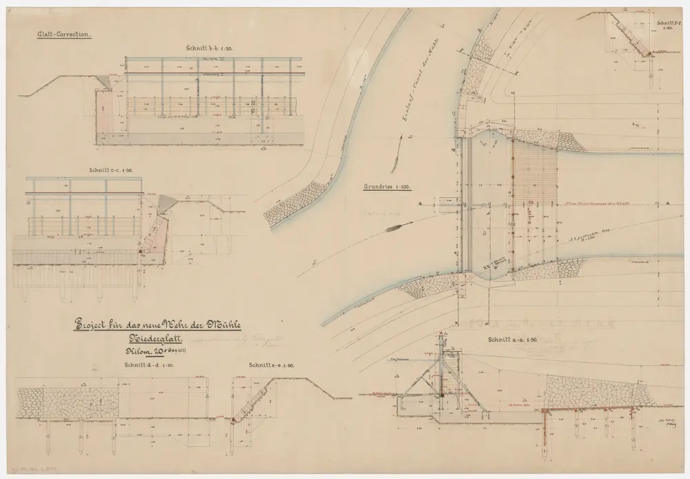 Niederglatt: Projektiertes neues Wehr der Mühle mit hölzernem Fallengestell; Grundriss und Schnitte (Glatt-Gebiet Nr. 71)
