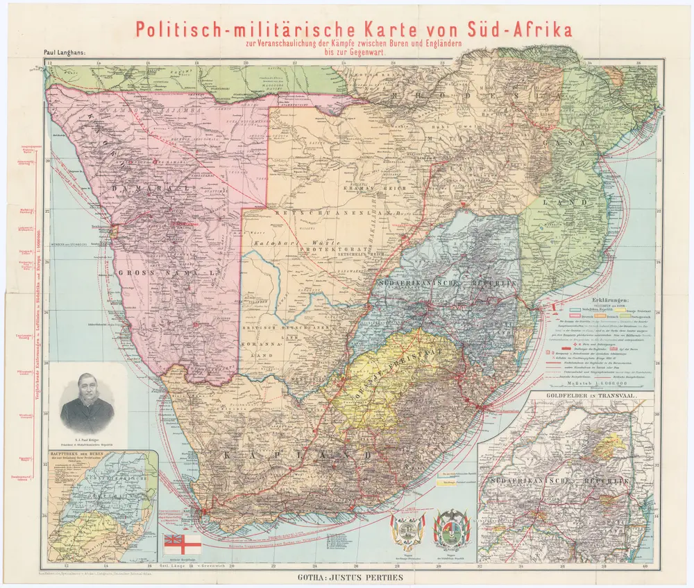 Politisch-militärische Karte von Süd-Afrika zur Veranschaulichung der Kämpfe zwischen Buren und Engländern bis zur Gegenwart