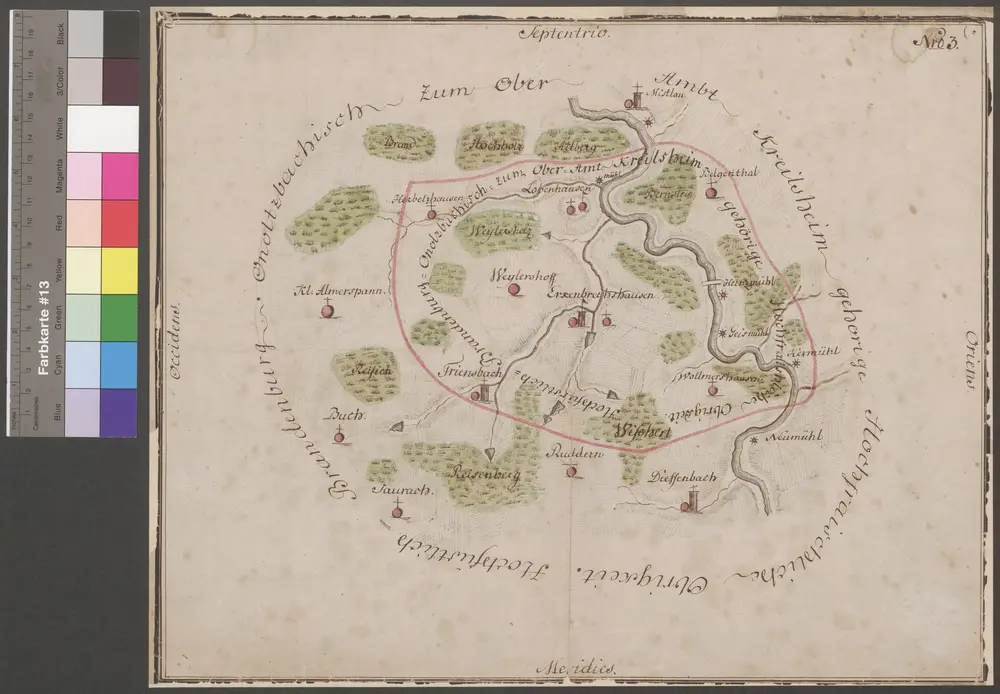 HZAN GA 100_Nr. 66_ : Erkenbrechtshausen (Kr. Crailsheim); [Jagdbezirk];ohne Verfasser; ohne Maßstab;39 x 31 cm;aufgenommene Orte: Mistlau, Jagsttal zwischen Mistlau und Tiefenbach, Tiefenbach, Saurach, Buch, Kleinallmerspann;Papier; Wasserfarben; Hervorhebung der Wälder und Fluren.