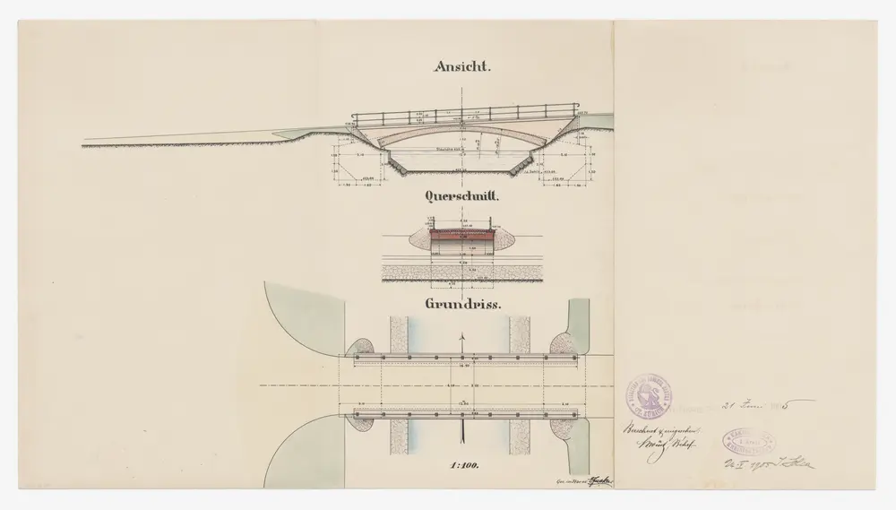 Zürich: Projektierte neue Brücke über den Sihlkanal bei der Allmend in Wollishofen; Seitenansicht, Grundriss und Querschnitt