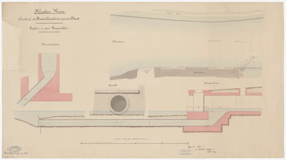Zürich: Städtische Abzugskanäle, Auslauf des Sammelkanals der grossen Stadt, Siphon im Limmatbett; Situationsplan, Horizontalschnitt und Längsschnitt