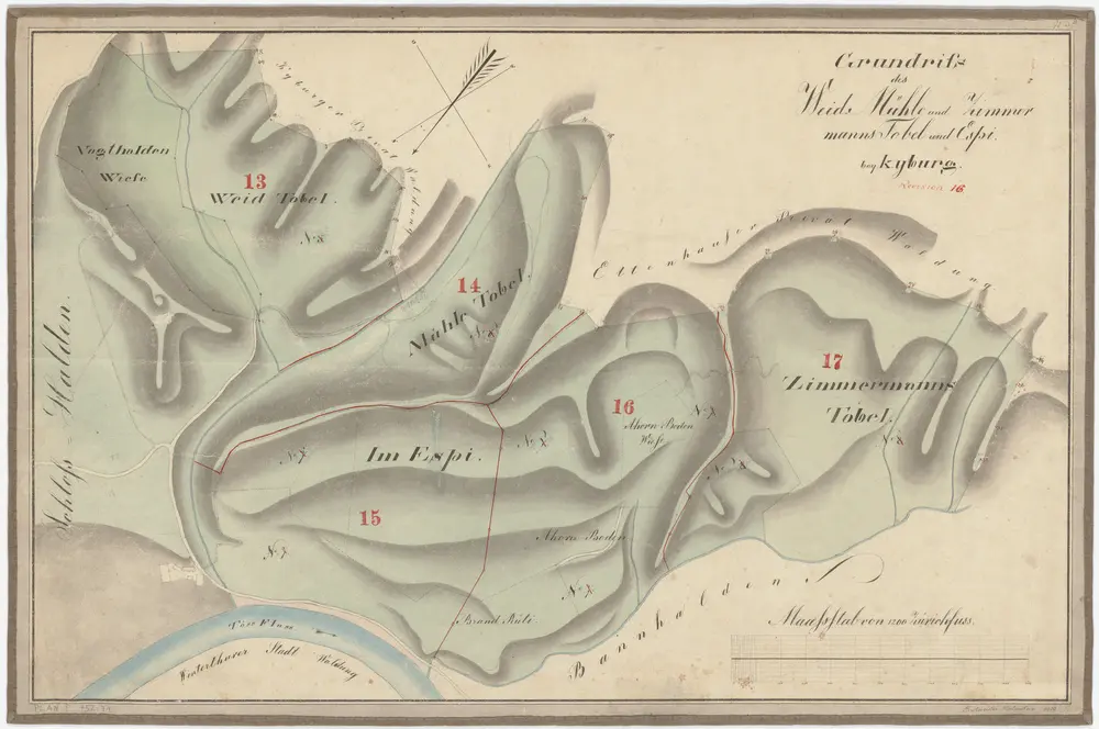 Kyburg, Töss, Illnau-Effretikon (damals Illnau), Schlatt: Staatswaldung: Kyburg: Weidtobel, Mülitobel (Mühletobel), Im Espi, Zimmermannstobel; Grundriss (Nr. 5 b)