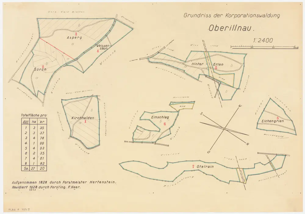Illnau-Effretikon (damals Illnau): Gemeinde- und Genossenschaftswaldungen Oberillnau und Unterillnau: Genossenschaftswaldung Oberillnau mit Hintererlen, Ischlag (Einschlag), Otelrain (Otel-Reihn), Eich (Eichengrien), Chilchmis (Kirchhalden), Sürch, Asperg, Wissenzaum (Weissenzaum); Grundrisse