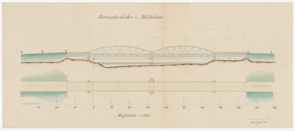 Mühlau AG: Projektierte Brücke über die Reuss; Seitenansicht und Grundriss
