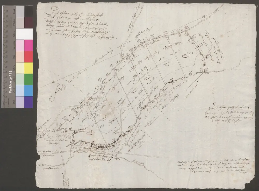 HZAN GA 100_Nr. 12_ : Adolzfurt; Adolzfurter Forst "das Pfarrholz ... ";ohne Verfasser, ohne Maßstab;43,5 x 37 cm; Norden unten nach links;Papier; Federzeichnung mit Größenbeschreibung der einzelnen Grundstücke.