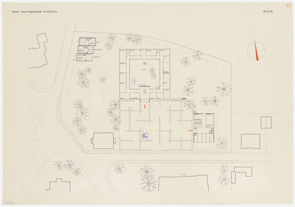 Winterthur: Bezirksgebäude mit Gebäude der Bezirksanwaltschaft und der Kantonspolizei, Gefängnis und Polizistenwohnungen; Projekt 182454; Erdgeschoss; Grundriss und Situationsplan