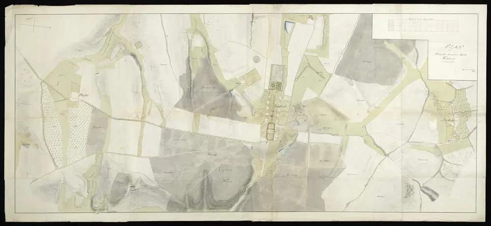 HZAN GA 100_Nr. 73_ : Friedrichsruhe; "Plan des Hochfürstlich Öhringischen Jagdschlosses Friedrichsruhe und der anliegenden Gegend [Zweiflingen];ohne Verfasser;130 Ruten Öhringer Feldmaß = 29,3 cm [40 cm = 1 km];193 x 83 cm; Norden nach rechts.Papier; Federzeichnung; Siedlung, Baumbestand und Felder in Wasserfarben; Höhen und Täler schraffiert.