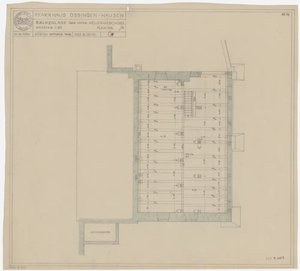 Ossingen: Pfarrhaus, unterer Keller, Balkeneinlage; Grundriss (Nr. 14)