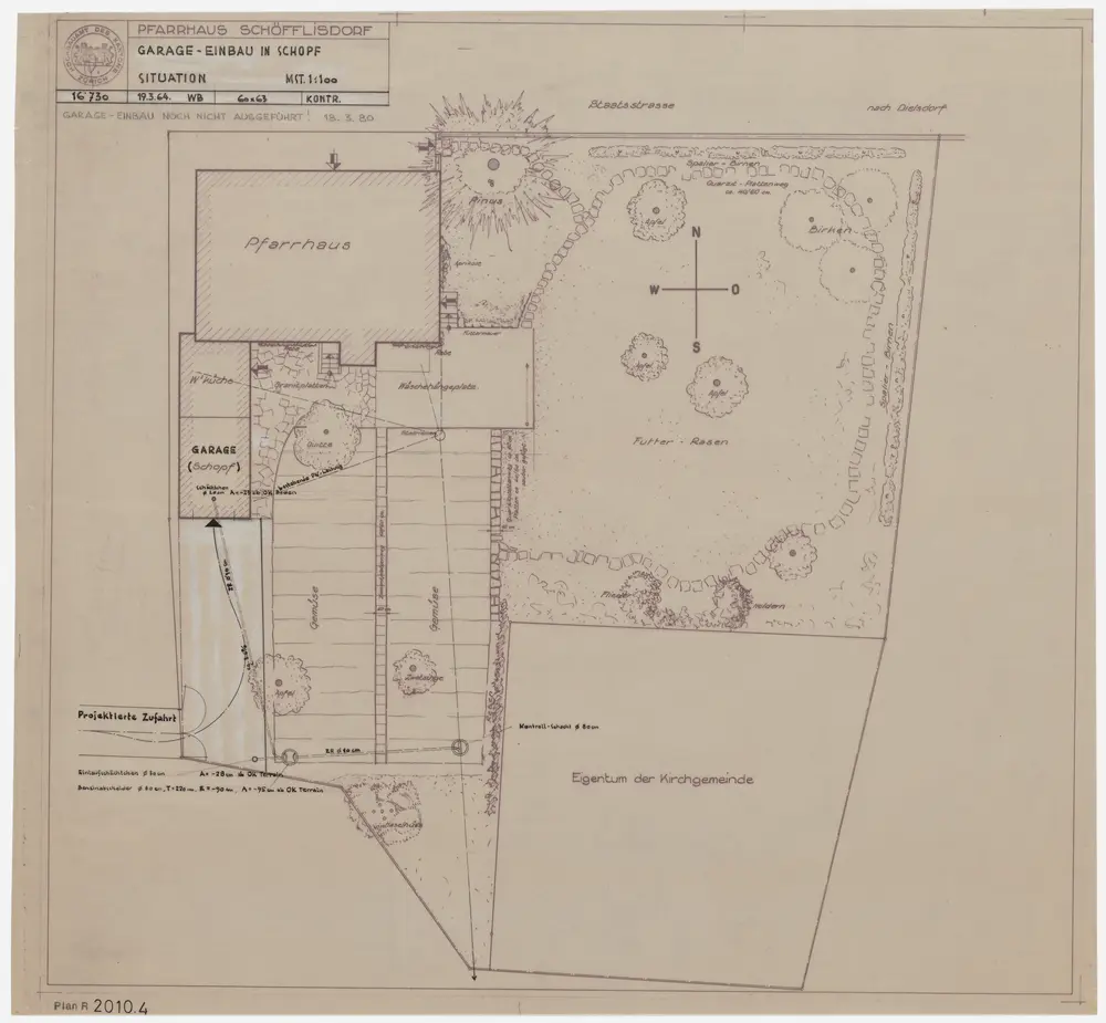 Schöfflisdorf: Pfarrhaus mit angebautem Schuppen und Gartenanlage: Garageneinbau; Grundriss