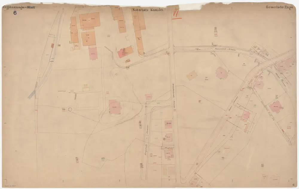 Enge: Gemeinde; Katasterpläne und Kataster-Ergänzungspläne: Ergänzungsblatt VI: Gegend bei Klopstockstrasse, Brandschenkestrasse, Bederstrasse, Bürglistrasse, Steinentischstrasse und Sihl; Situationsplan