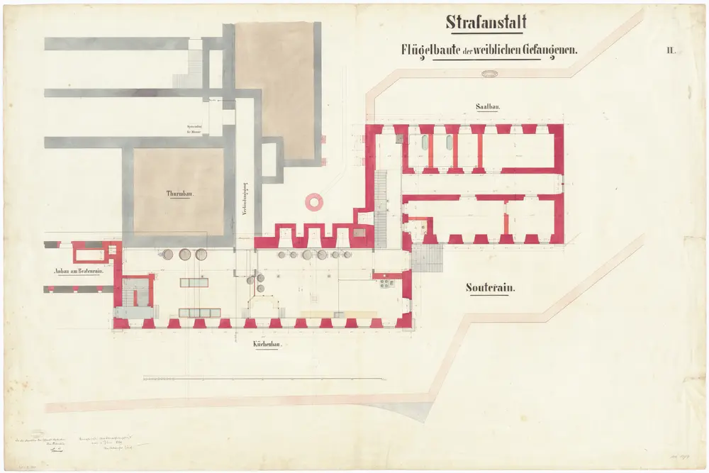 Kantonale Strafanstalt Oetenbach: Um- und Ausbau; Frauenabteilung, Küchenbau, Saalbau und Turmbau, Untergeschoss; Grundrisse