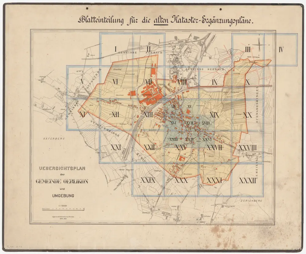 Oerlikon: Gemeinde; Kataster-Ergänzungspläne: Übersichtsplan mit Blatteinteilung für die alten Kataster-Ergänzungspläne (römische Ziffern)