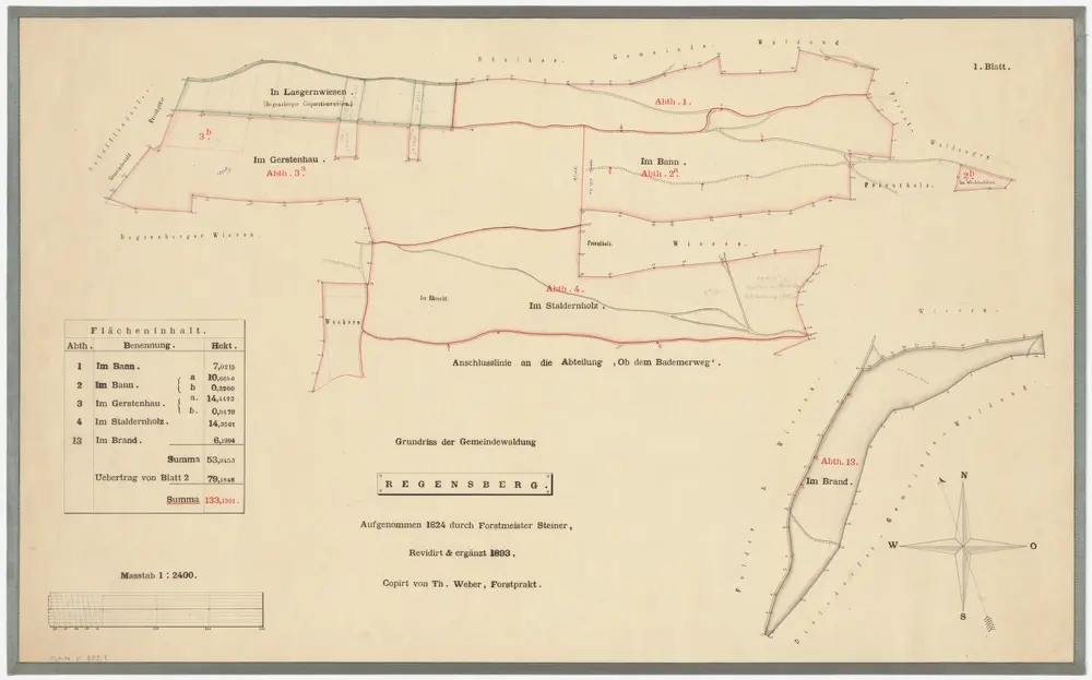 Regensberg: Gemeindewaldung: Lägernwiesen, Gerstenhau, Baa (Bann), Stalderen (Staldernholz), Wackern (Wakeren), Ebrecht, Wächterhölzli, Brand; Grundrisse (1. Blatt)