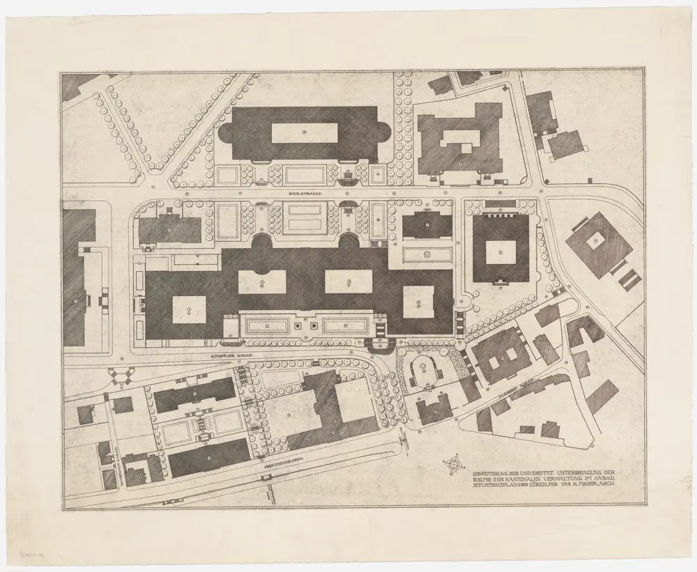 Zürich: Erweiterung der Universität, Unterbringung der Räume der kantonalen Verwaltung im Anbau der Universität, Variante mit Annexbau; Situationsplan