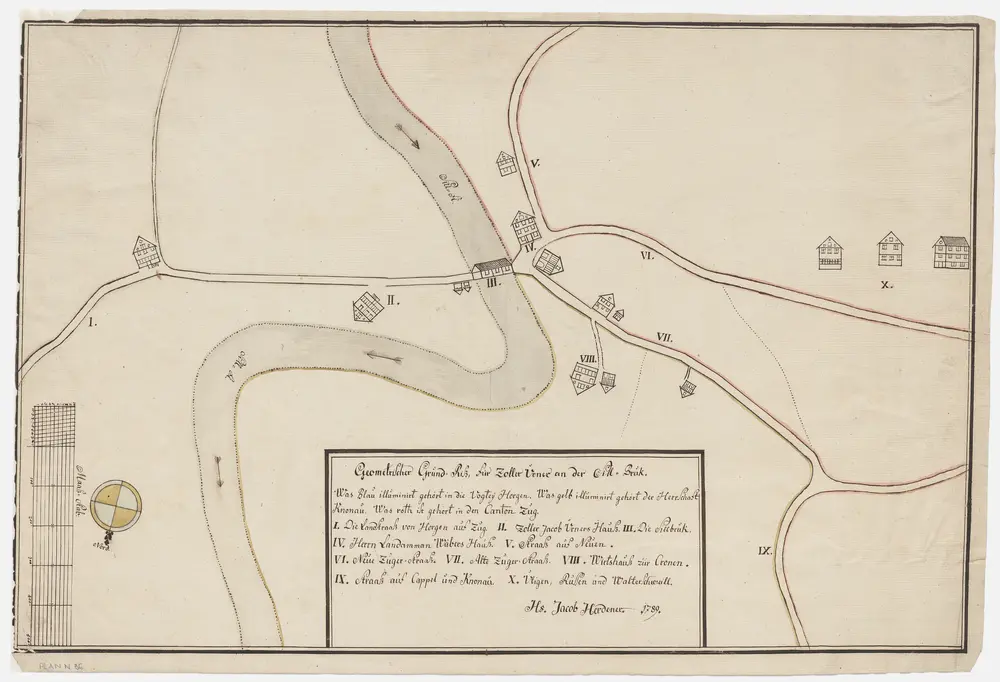 Grenzen zwischen der Obervogtei Horgen, der Landvogtei Knonau und dem Zuger Gebiet bei Sihlbrugg; Grundriss