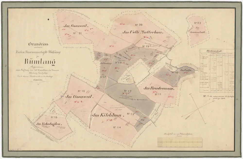 Rümlang: Der Hubengenossenschaft und der Einsiedler Genossenschaft gehörende Waldungen: Hubengenossenschaftswaldungen Näbetaglen (Nebetaglen), Gunzwil (Gonzweil), Steinbruch, Chilehau (Kilchhau), Uelimueterhau (Uelli Mutterhau), Bruedermoos (Brudermoos), Fuchs, Chrumenlöli (Krummen Lööli); Grundrisse